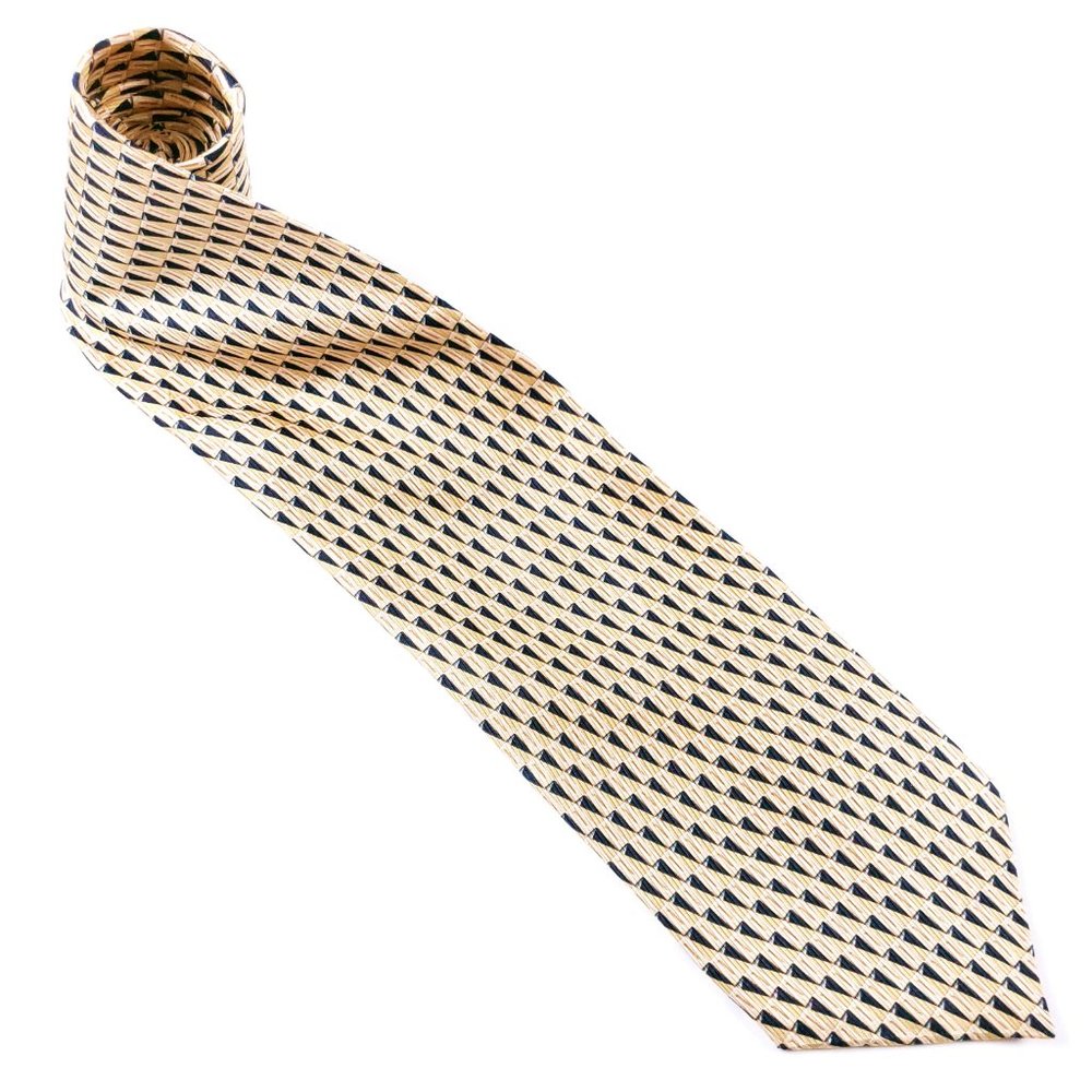 Nautica Men Necktie 100% Silk Gold Blue Geometric 58x3.75 - NWOT